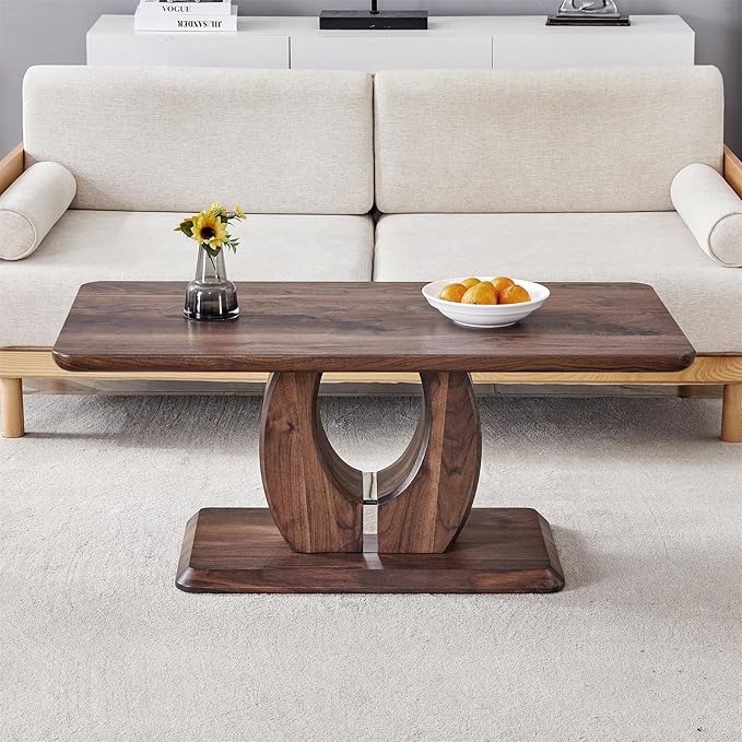 LKTART Rectangle Coffee Table for Living Room, Imitation Marble Coffee Tables with Storage, Modern Stable Base Center Tea Table for Dining Room Small Space Apartment (43.3''L×22.4''W-Walnut)