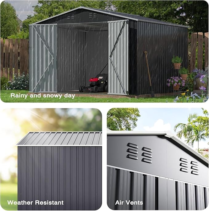 Polar Aurora 10x10 FT Outdoor Storage Shed, Metal Garden Shed with with Updated Frame Structure, Tool Sheds for Backyard Garden Patio Lawn, Black