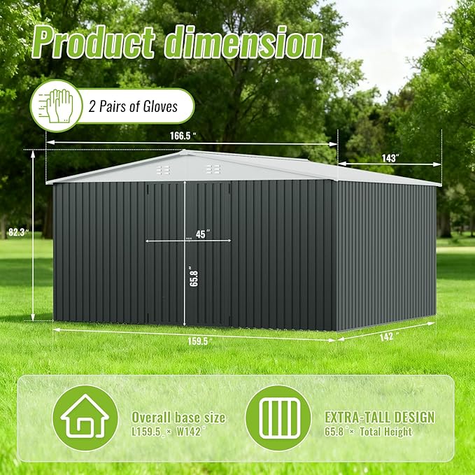 PABIMIA14X12 FT Outdoor Storage Shed, Durable Metal Outside Storage with Lockable Doors, Waterproof Storage Shed for Tools, Equipment, Ideal for Backyard Garden Patio Lawn,White