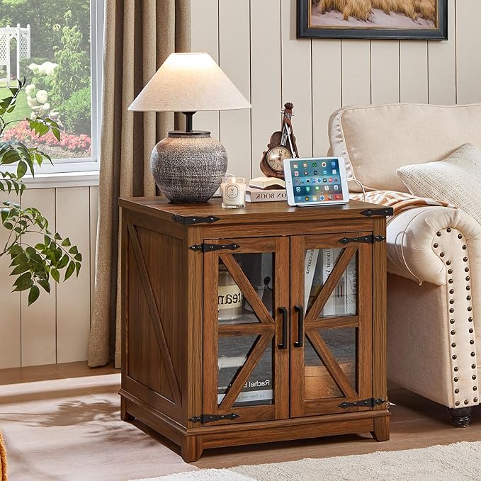 Farmhouse End Table Set of 2,24" Large Sofa Side Table with Charging Station Glass Barn Door,Wood Nightstand with Adjustable Storage Shelf,Square Bedside Table for Living Room,Bedroom,Office-Brown