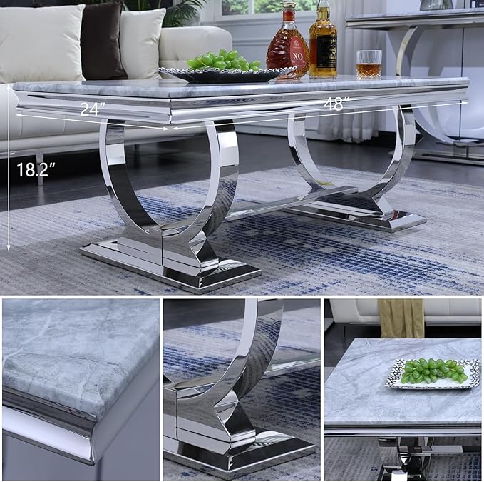 Asday Silver Coffee Table, Grey Rectangular Living Room Table with Silver Mirrored Metal U-Base, Sofa Coffee Table for Living Room, Guest Hall, Reception Room