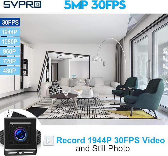SVPRO 5MP 30FPS USB Camera IMX335 Sensor Fisheye Webcam for 3D Printer, Laser Engraver, Machine Vision, Industrial Camera, Security Monitoring(M12 Lens, USB Plug & Play for Windows/Mac/Linux/Android)