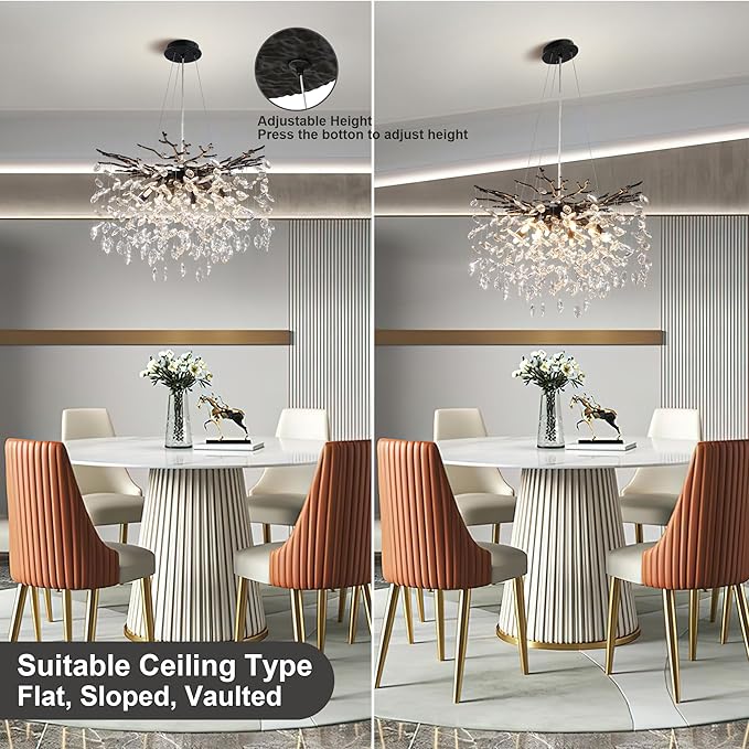 YUYI 23.6" Black Chandelier, 8-Light Modern Crystal Tree Branch Chandelier for Dining Room, Contemporary Luxury Round Raindrop Pendant Light Fixture for Living Room, Foyer, Entryway, Kitchen, Bedroom