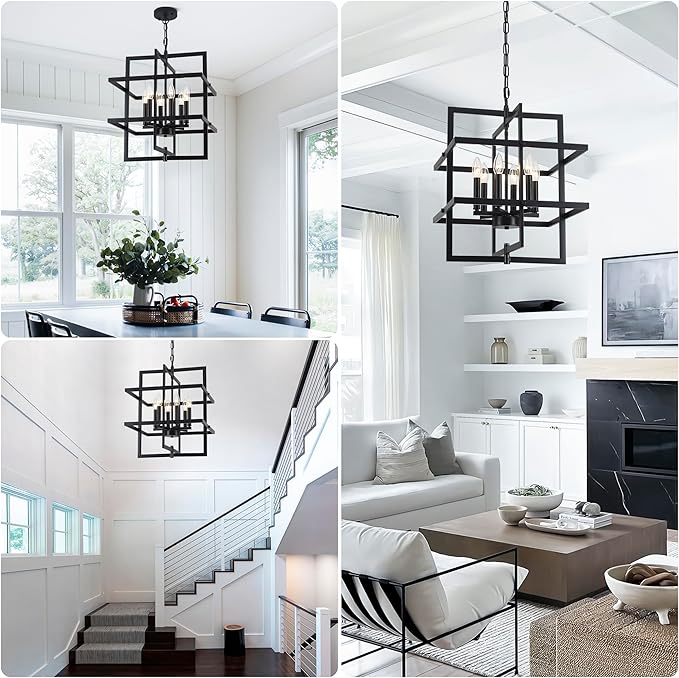 22.04" Modern Black Chandelier Geometric Pendant Light Fixture Hanging Industrial Farmhouse Chandeliers for Dining Room Kitchen Island Living Room Entryway Foyer Hallway 6 Light