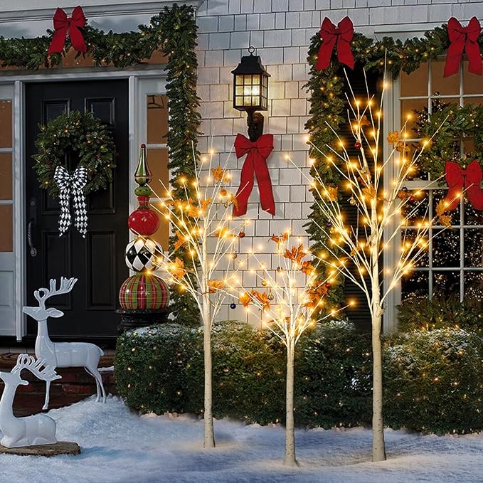AWQM Lighted Birch Tree for Christmas Decor, Pack of 3 Prelit Christmas Tree 4ft 5ft 6ft, Warm White Christmas Tree for Indoor Christmas Decorations. (White)