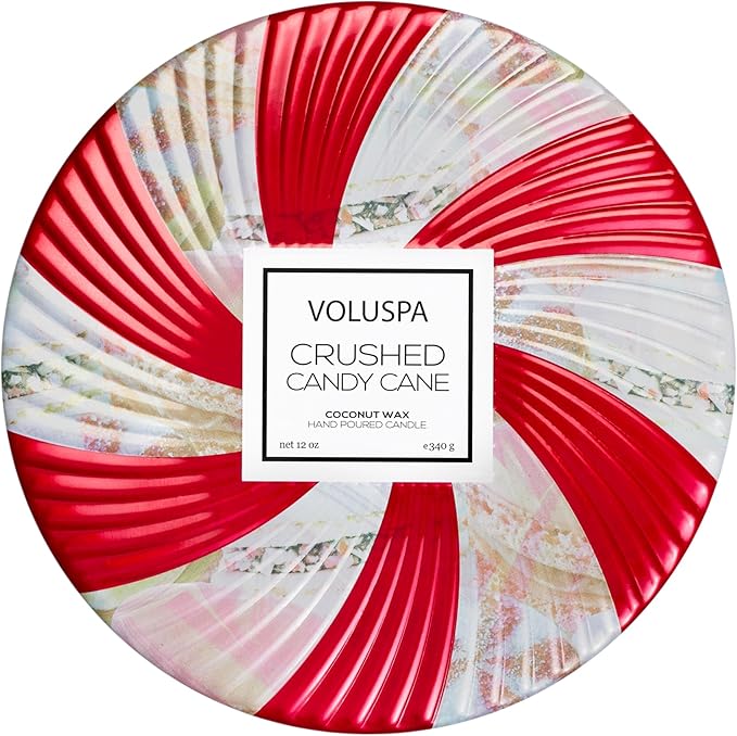 Voluspa Crushed Candy Cane, 3 Wick Tin Candle, 12 oz, 40 Hour Burn Time, Coconut Wax for Clean Burning, Handcrafted in The USA
