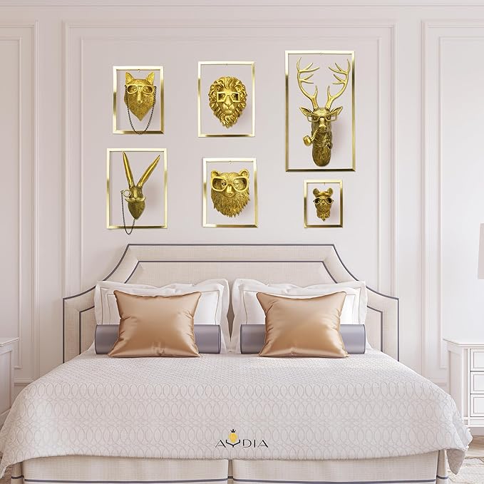 6 Packs Animal Heads Wall Decor with Wooden Frames (Squirell Gift), Large Animal Head, 3D Sculpture, Gift Ready, Easy to Install, Vintage Gold Wall Decor for Living Room, Bedroom, Office or Kitchen