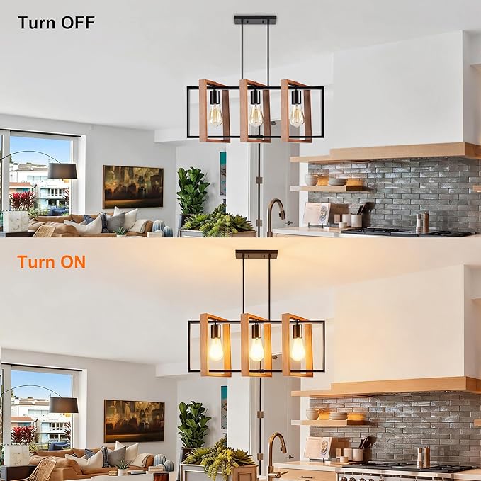 3-Light Island Lights for Kitchen, Rectangular Wood and Black Metal Kitchen Island Chandelier 23.6" Adjustable Rustic Modern Dining Room Light Fixtures Over Table, Chandeliers for Dining Room