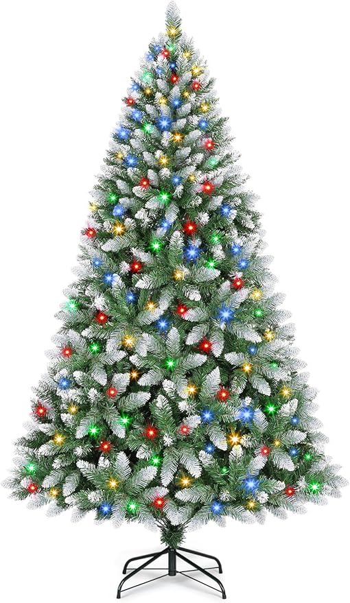 6 FT Prelit Artificial Christmas Tree with 250 Dual-Color LED Lights, 11 Modes Timer, 800 Snowy Tips - Easy Assembly Xmas Tree for Indoor/Outdoor Home Christmas Decorations
