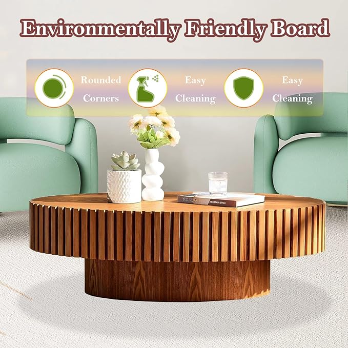 43.3in Fluted Side Tables Living Room Modern Chic Drum Coffee Table - Spacious Tabletop, for Small Space - Living Room Apartment Study,Wood