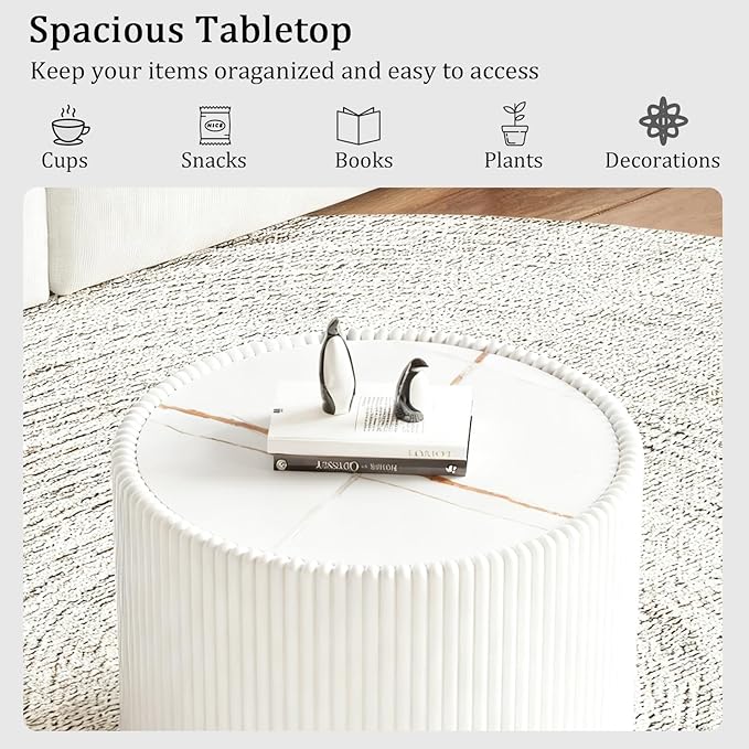 17.71" White Round Coffee Table, Drum Coffee Table with Sintered Stone Tabletop and Fluted PU Leather Covered and Stable Base, Circle Cocktail Tea Table for Living Room