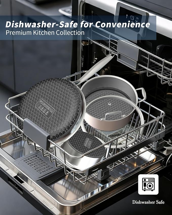 FogDream 5pcs Stainless Steel Cookware, Tri Ply Pots And Pans Set, Non Stick Frying Pans, Soup Pot & Sauce Pan With Tempered Glass Lids, Cool Handles, Dishwasher Safe, Induction Compatible, Silver