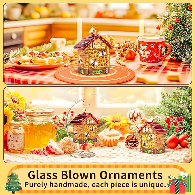 Bee Christmas Ornaments,Glass Blown Ornaments for Tree,Beehive Box Collection Figurines Hanging Ornaments, Christmas Tree Decorations for Bee Lovers Holiday Party Home Gifts