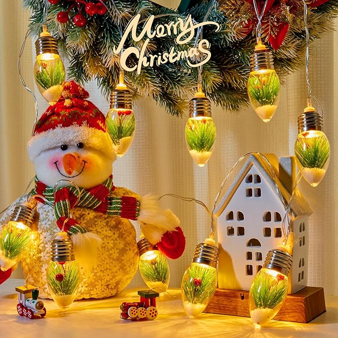 Brightown Christmas Lights Indoor, 7.5Ft Christmas Snow Globe Lights with Berry & Pine Needles,Battery Powered String Lights for Tree Garland Party Xmas Decor
