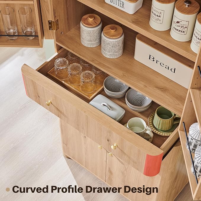 71" Tall Kitchen Pantry, Modern Curved Pantry Storage Cabinet with 4 Doors and 6 Adjustable Shelves, Cupboard for Kitchen, Dining Room, Living Room and Bathroom, Natural