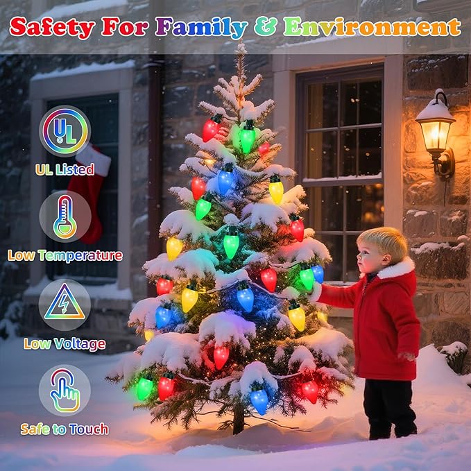 C7 60 LED Battery Operated Christmas Lights,Battery Powered Multicolor Waterproof Bulbs,21.3 FT 8 Modes with Auto On/Off Time for Xmas Tree Garden Patio Indoor Outdoor Christmas Decorations