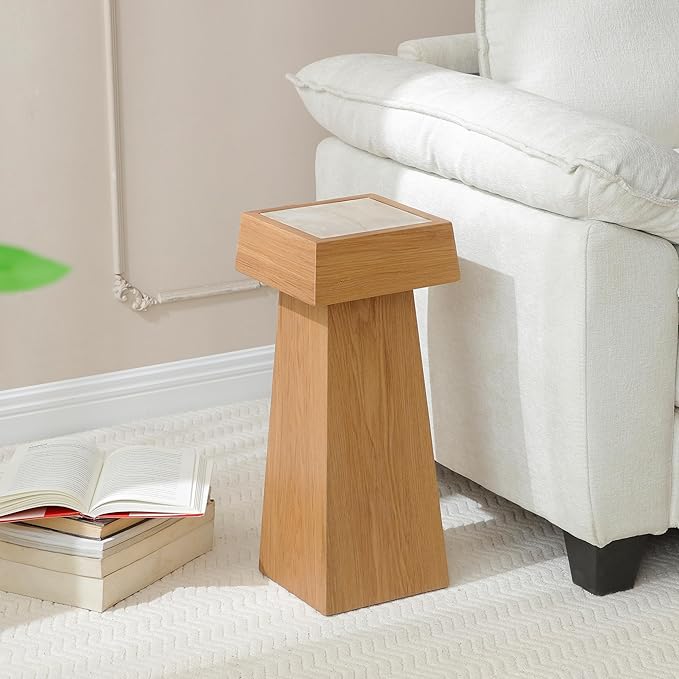 8.6-inch Marble Pedestal Side Table, Stone Finish Top Accent Drink Table for Living Room, Square Small End Coffee Counter, Full Assembly for Small Space Office - Oak