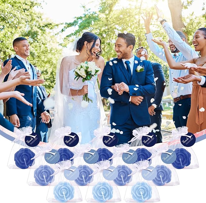 Treela 24 Set Flower Candles Wedding Favor for Guests Mini Blue Rose Shaped Tealight Candles for Return Gift Wedding Birthday Bridal Shower Housewarming Party