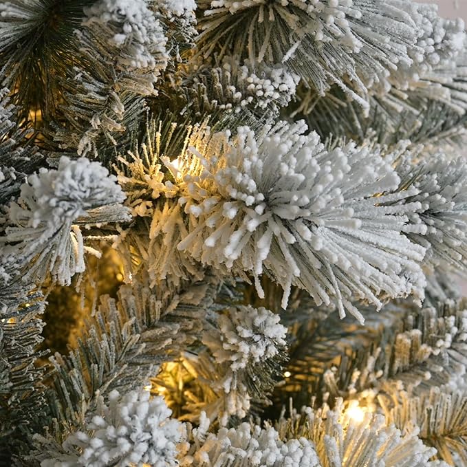 7.5 FT Pre-Lit Snow Flocked Slim Fir Christmas Tree with 1424 PE & PVC Mixed Branch Tips,Artificial Skinny Pencil Xmas Tree with 900 Warm-White Lights & 40 Pine Cones,Hinged Pine Tree with Metal Stand