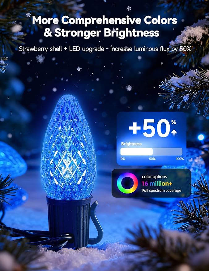 Minetom Smart C9 Christmas Lights Outdoor, 50 LED 65FT Christmas Color Changing Fairy Lights App Control, Music Sync, 105 Preset Modes, Connectable RGB C9 String Lights for House Indoor Xmas Decor
