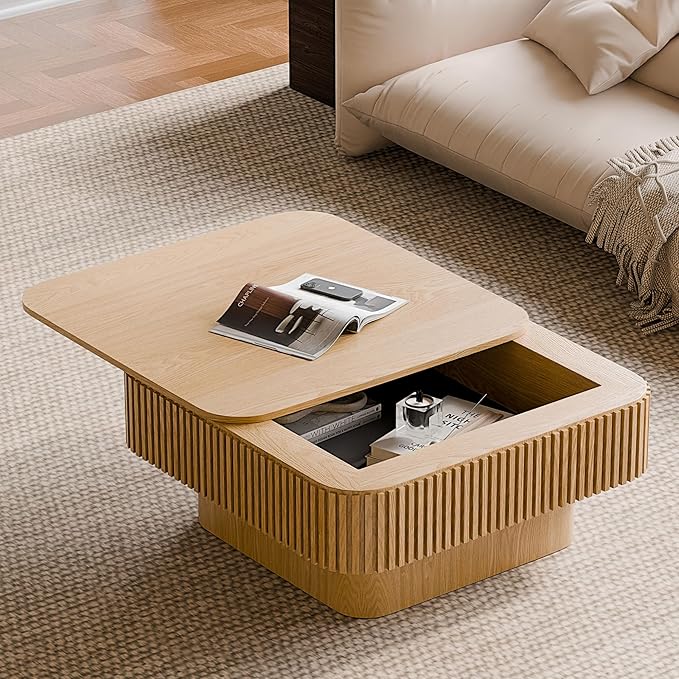 31.5'' Square Coffee Table with Storage, Mid Century Modern Fluted Drum Center Tables with Lid, Solid Wood Modern Coffee Table Accent Tea Table for Living Room, Bedroom, Apartment or Office, Natural