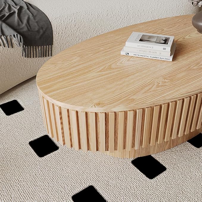 WILLIAMSPACE 47.2" Oval Coffee Table with Storage, Modern Drum Center Table with Solid Wood Veneered, Accent Side Tea Table for Living Room Apartment, Natural Wood