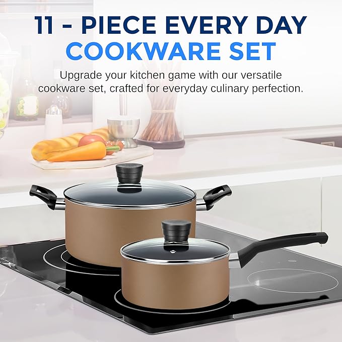 SereneLife Kitchenware Pots & Pans Basic Kitchen Cookware, Black Non-Stick Coating Inside, Heat Resistant Lacquer (11-Piece Set), One Size, Gold