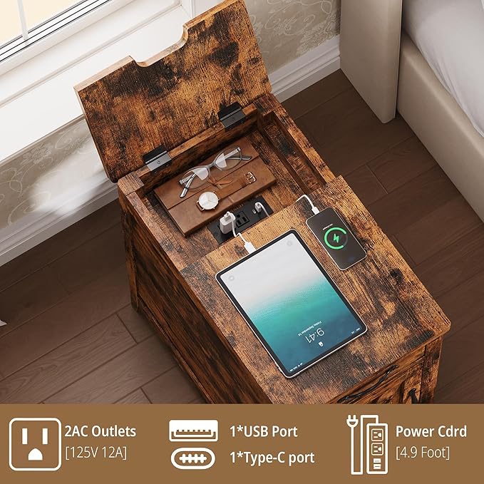 IRONCK End Table with Charging Station, Narrow Side Table for Living Room, Night Stand Set of 2 with Drawer and Cup Holder, Farmhouse Bedside Table with USB Ports and Outlets for Home, Vintage Brown