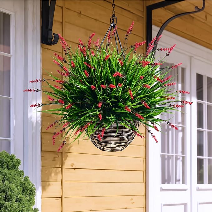 12 Bundles Artificial Lavender Flowers Faux Plants for Outdoor Fake Monkey Grass with Flowers Realistic Faux Greenery Shrubs for Porch Planters Patio Garden Window Boxes Pathway Decor (Red)