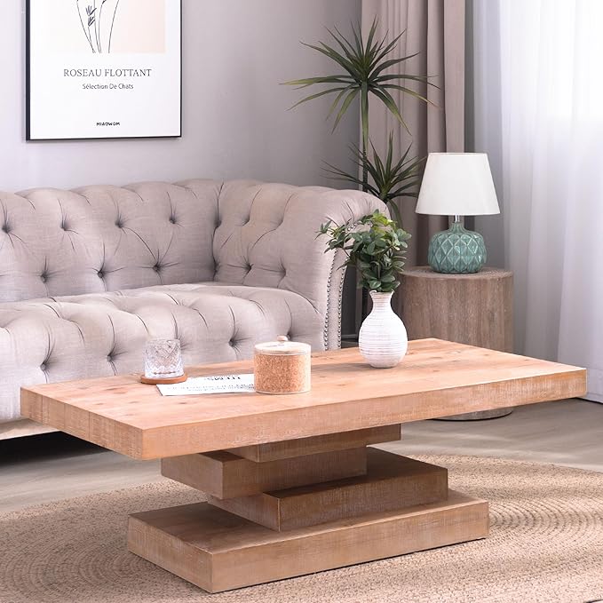 WILLIAMSPACE 47.6" Rectangular Wood Coffee Table with Wood Block Base, Modern Rustic Center Table for Living Room, Farmhouse Style Side End Table Furniture, Natural