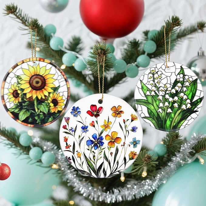 Christmas Ornaments, Dodosky 2.8in Ceramic Wildflower Ornament, Xmas Decor, Christmas Tree Ornaments, Xmas Decorations for Tree, Holiday Ornament, Flower Themed Gifts, Gifts for Women, Plant Lovers