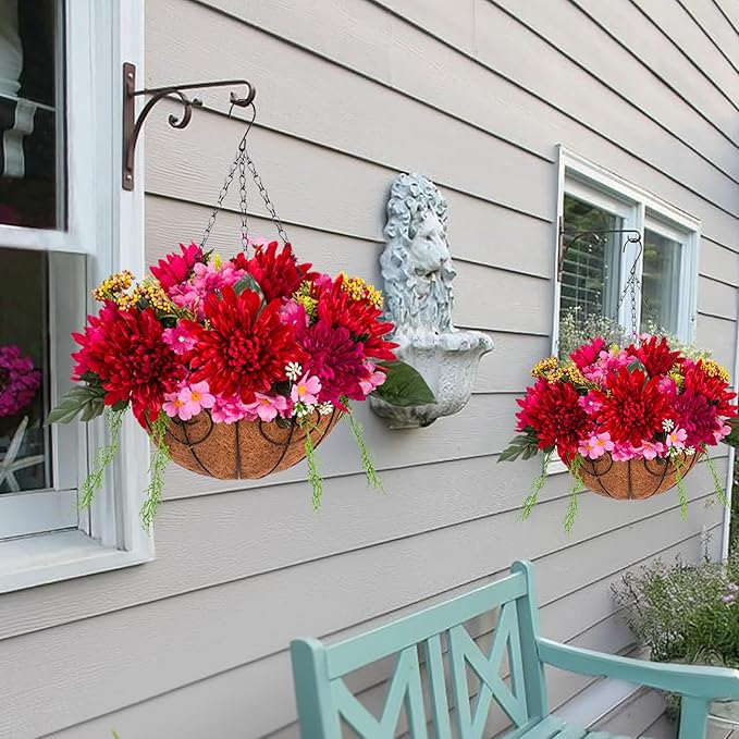 HyeFlora Artificial Fake Hanging Fall Mums Flowers Baskets for Outdoor Decoration, Faux Red Chrysanthemum Silk Red Flower, UV Resistant Realistic for Porch Patio Balcony Yard Summer Autumn Decor
