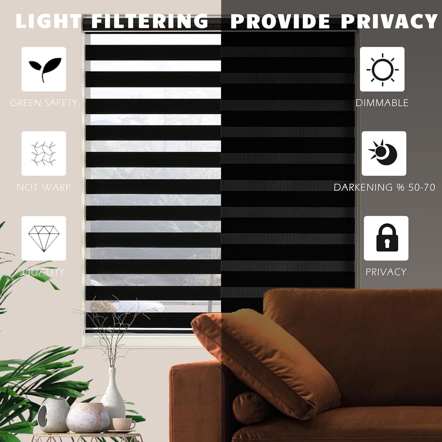 Custom Size Zebra Roller Shades, Dual Layer Roll Up Blind Blackout Modern Blinds, Horizontal Blinds Shades for Bedroom, (Maximum Height 72inch, Black Color, W20 inch)