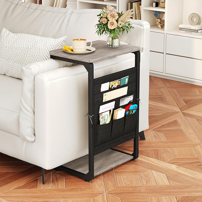 C-Shaped End Table with Storage Bag, Small Couch Side Table, Sofa TV Tray Table for Living Room, Bedroom, Bedside ET-P-GYW1