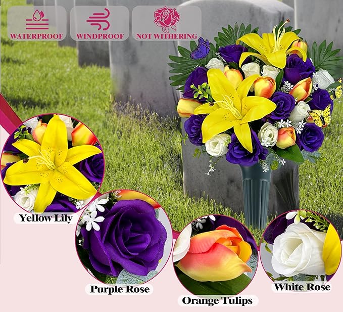 MUVIC Artificial Cemetery Flowers - Memorial Flowers - Outdoor Sympathy Grave Flower Decorations for Mothers Day,Fathers Day,Lily/Rose
