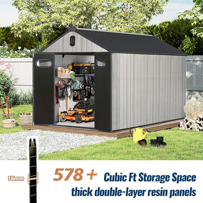 Domi 8x12Ft Resin Outdoor Storage Shed, Plastic Garden Shed with Carpet, Outside Weatherproof Storage Building for Tools, Bike, Lawn Mower, Patio, Backyard