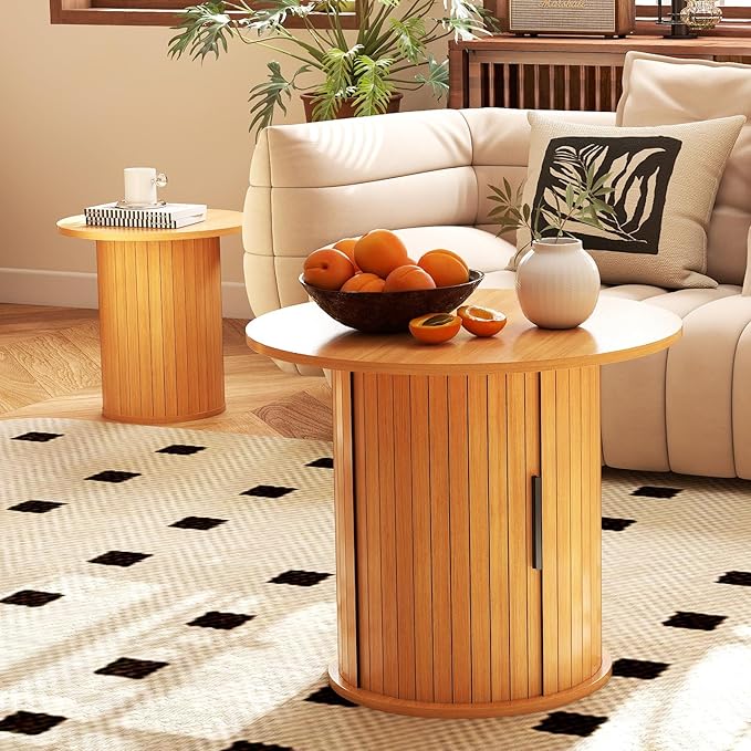 COSVALVE Round Wood Fluted End Table, 15.7” Circle Farmhouse Side Table Sets for Living Room, Bedroom, Balcony, Small Spaces, Natural