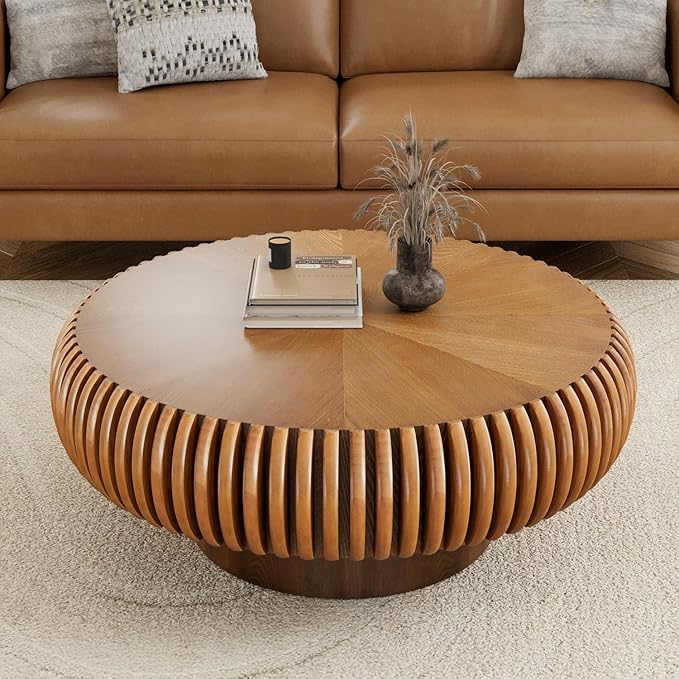 31.5" Drum Coffee Table Modern Unique Fluted Tea Table Contemporary Wood Round Coffee Table with Fluted Centry Table for Living Room Walnut (31.5" Brown)