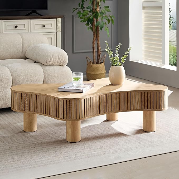 WILLIAMSPACE 42.52" Wooden Coffee Table, Modern Luxury Handcraft Wood Circle Drum Coffee Table for Living Room, Accent Center Table Side Table with Solid Wood Leg for Apartment (Natural)