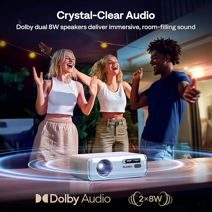 Aurzen EAZZE D1G Christmas Gifts, 4K Supported Google TV Smart Projector with WiFi & Bluetooth, Auto Focus & Keystone, Dolby Audio, Zoom, Movie, Portable Mini Projector for Home & Outdoor Use