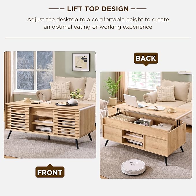 RedLemon 48" Lift top Coffee Table, mid Century Modern Coffee Table with Slatted Sliding Door, Hidden Storage Compartment, 4 Storage Shelves, Center Table for Living Room, Office, Natural Oak