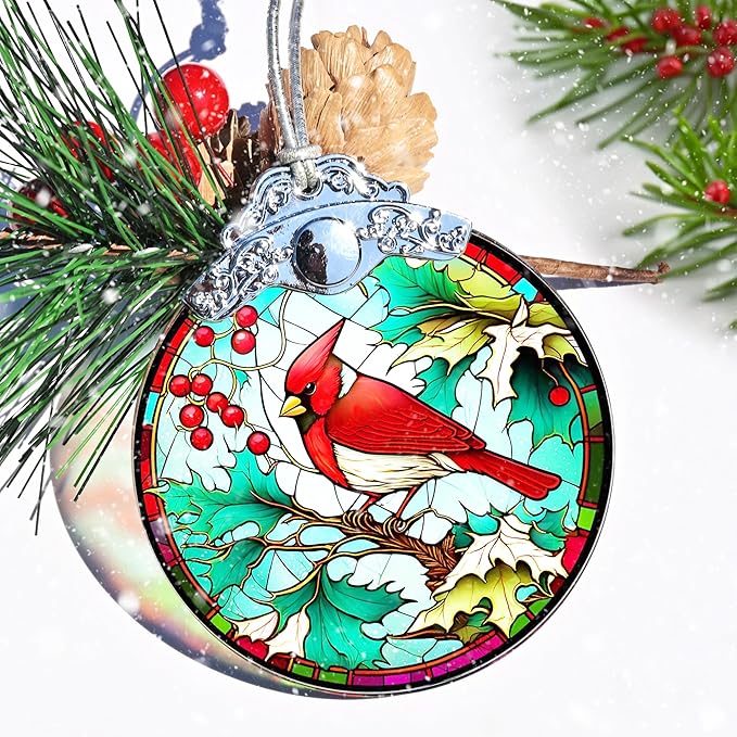 Stained Glass Christmas Ornament, Jocidea Christmas Decorations, Cardinal Christmas Tree Ornament, Holiday Decor and Xmas Gifts Ideas