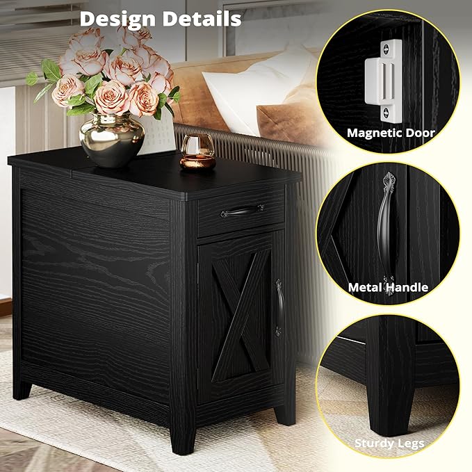 IRONCK End Table with Charging Station, Narrow Side Table for Living Room, Farmhouse Night Stand for Bedroom, Beside Table with Storage and Drawer for Home, Black