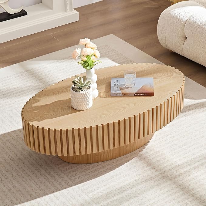 WILLIAMSPACE 43.7" Oval Coffee Table, Modern Luxury Wood Drum Center Table for Living Room, Handcraft Accent Side End Table for Apartment, 43.7"*24.8"*13.78"H (Oak)