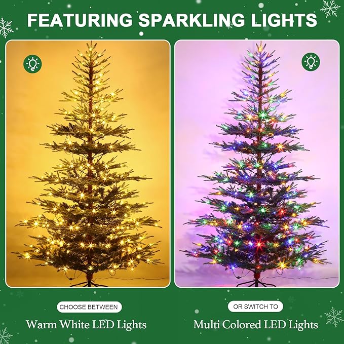 7 FT Pre-Lit Artificial Christmas Tree with 300 Dual-Color LEDs & Timer, 678 Realistic Branch Tips, Metal Stand for Holiday Home Christmas Decorations