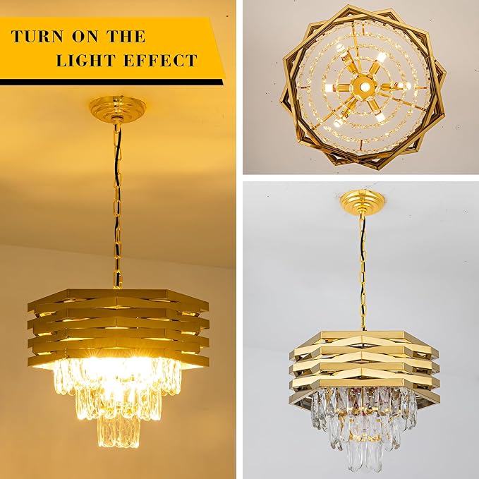5-Light Gold Crystal Pendant Light 15.75" Modern Crystal Chandelier 3-Tier Luxury K9 Hanging Lighting Fixtures for Dining Room Hallway Living Room Bedroom Foyer Entryway Kitchen Island