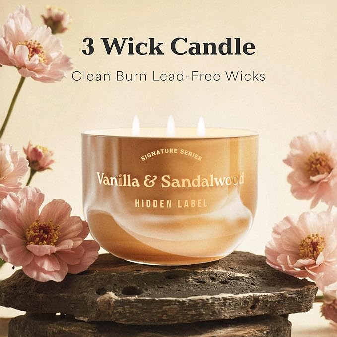 Natural Candles Non Toxic | Vanilla & Sandalwood Scented, 3 Wick Large Aromatherapy Candles for Home, 18 oz | 70 Hours Burn Time,Luxury Home Décor | Women Gift