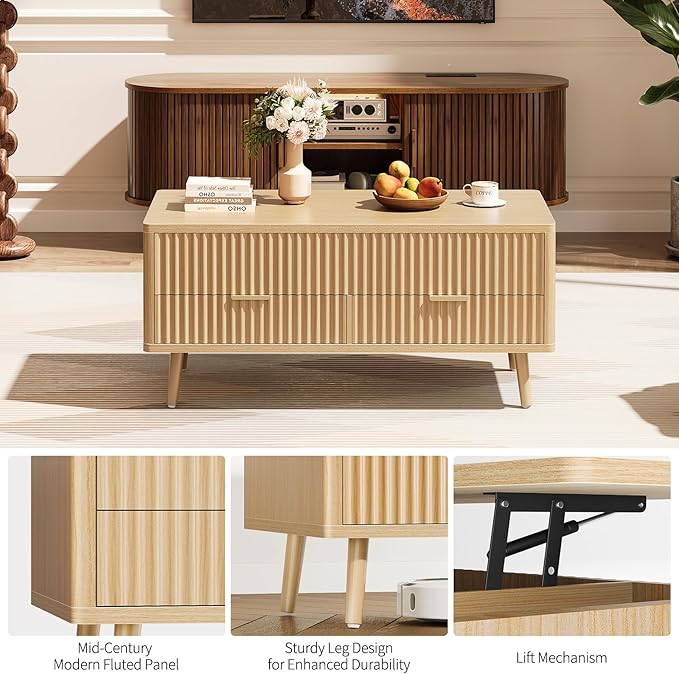 Fluted Lift Top Coffee Table- Wood Coffee Tables with Storage for Living Room, Mid Century Modern Square Large Center Table with Drawers & Hidden Compartment for Home Office, Reception