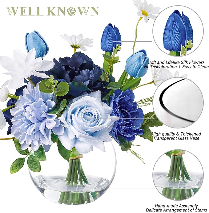 WELL KNOWN Artificial Flowers with Vase Silk Flower Arrangements in Round Bowl Vase with Faux Water for Home Table Decoration (Mixed Blue)
