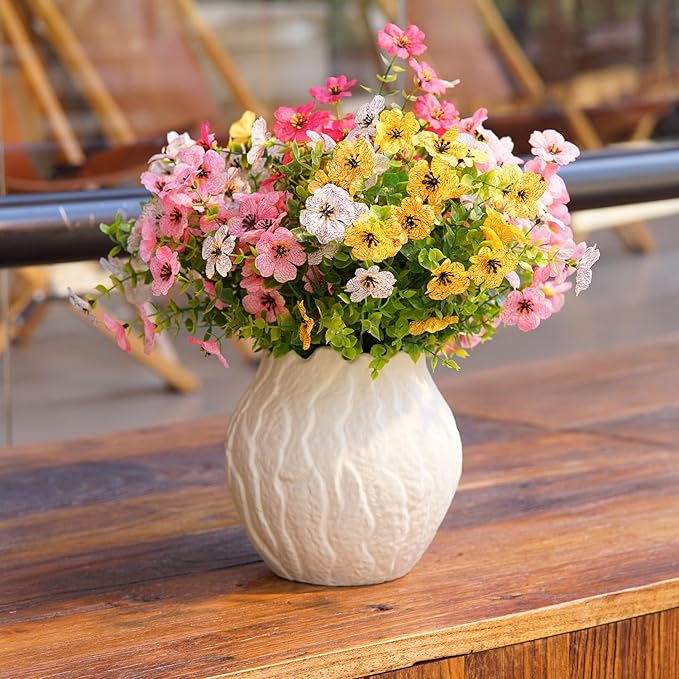 Artificial Flowers for Outdoor Indoor Garden Home Decoration, Faux Flower Daisy with Eucalyptus Leaves Fake Plants Greenery Boxwood Porch Patio, 10 Bundles(Pink-White)